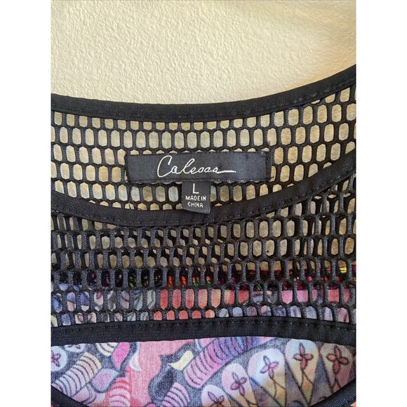 Calessa Vibrant Floral Boho Flower Hippie Mesh Cutout Tunic Top Wearable Art L - Picture 5 of 9